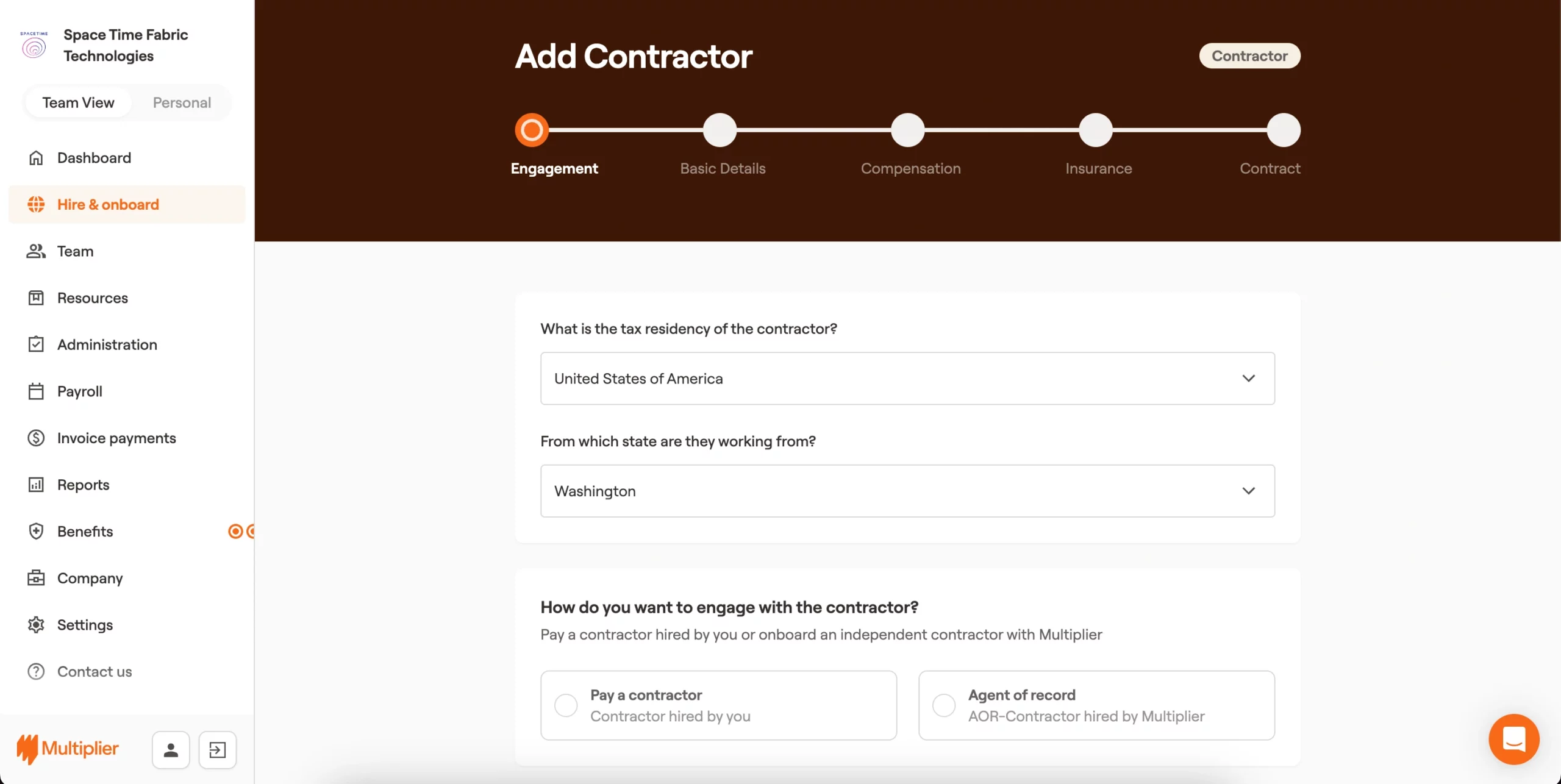 Contractor engagement for onboarding a contractor in the United States of America (USA).